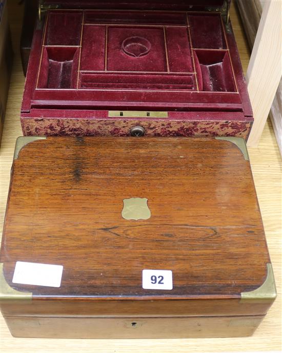 A leather jewellery box, brass mounted sewing box etc